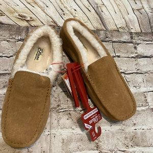 Deer Stags Men’s Tan Suede Moccasin Slippers with Faux Fur Lining